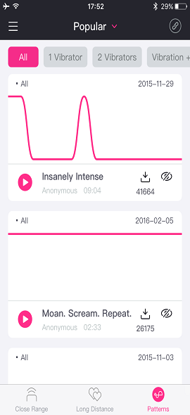 Tangkapan skrin aplikasi Jauh Lovense create unlimited patterns.